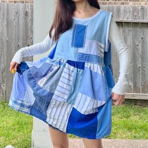 Handmade Quilted Patchwork Plaid Dress SKU 08016 Mixed Blue/Sleeveless